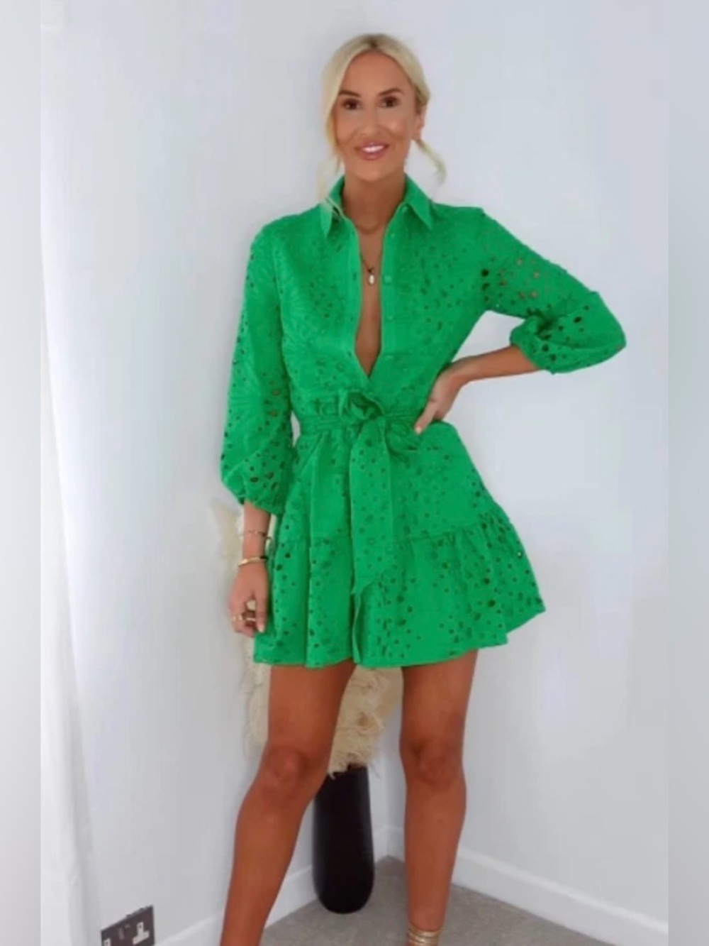 Zara Bright Green Eyelet Long-Sleeve Shirt Dress with Belt - Picture 6 of 7